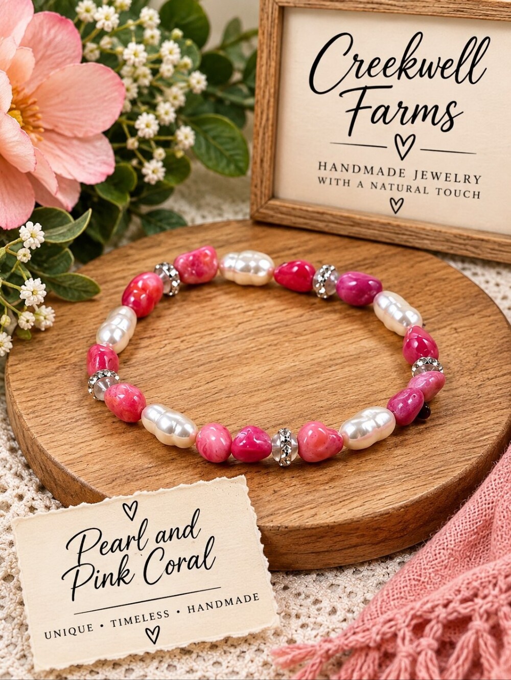 Pearl and Pink Coral Stretch Bracelet